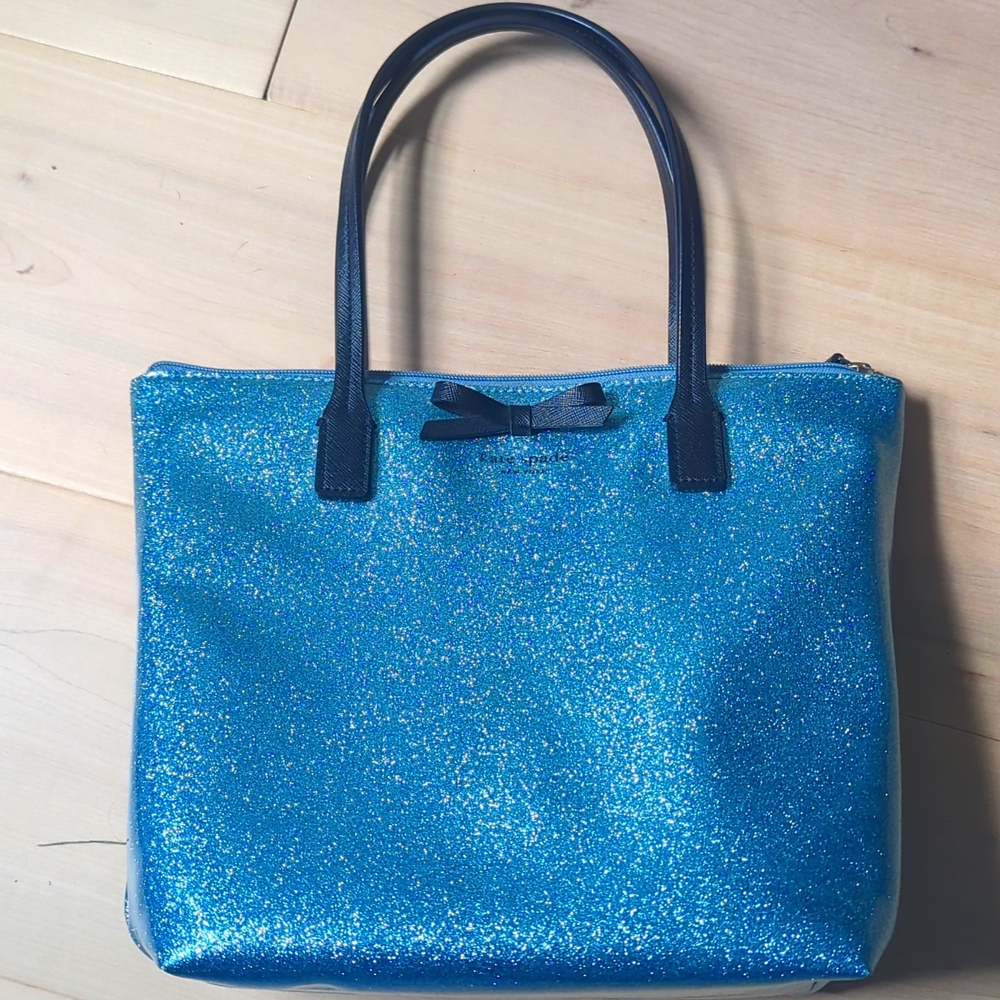 Like New Kate Spade Mavis Street Jeralyn Lakesedge Blue Glitter Tote Bag Purse